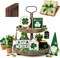 St. Patrick’s Party Supplies: 7-Piece Tiered Tray Decor Set – Freestanding Wood Signs & Bead Garland for Lucky Shamrock Irish Table Centerpiece
